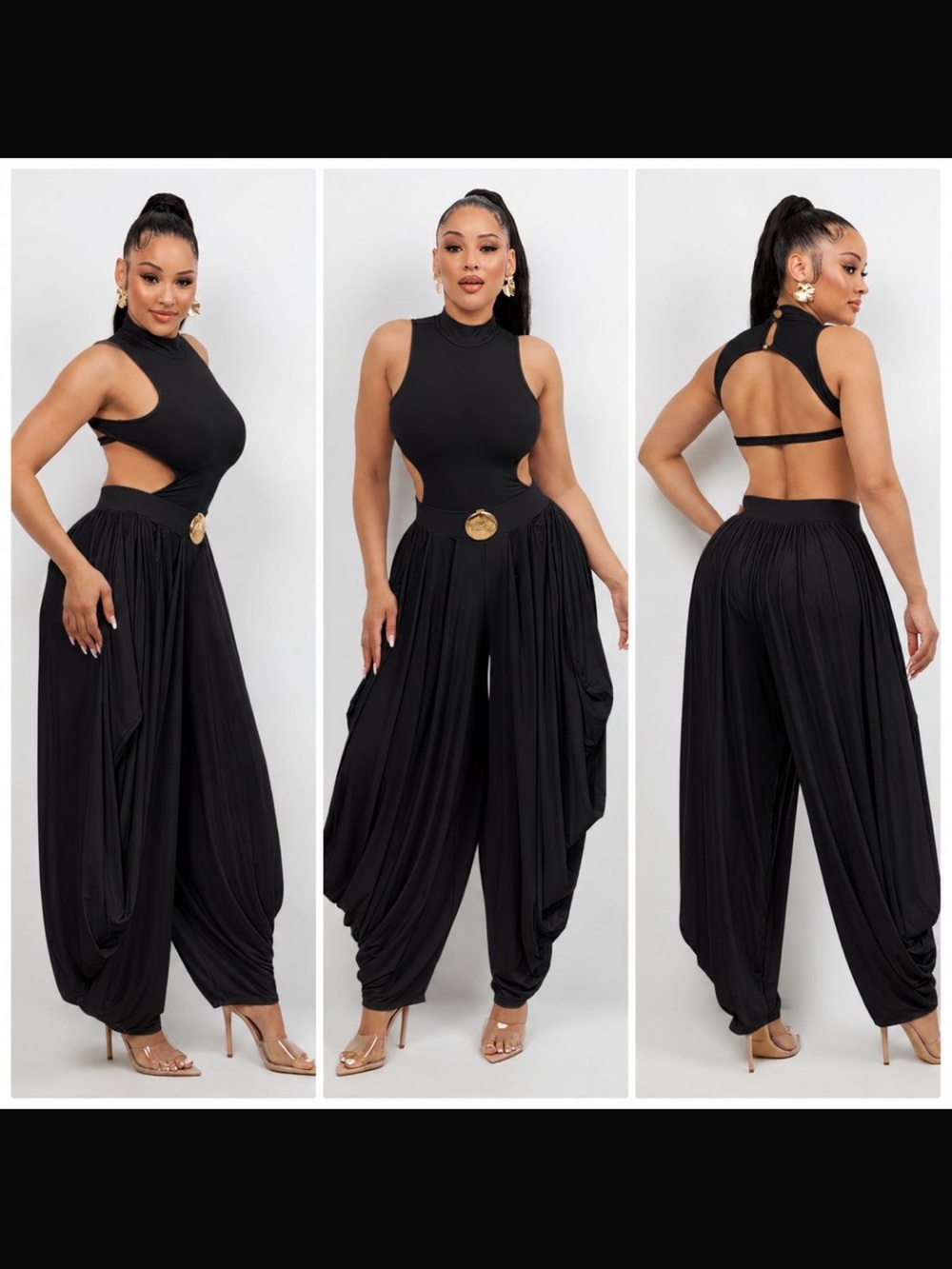 2pc Women's Cutout Harem Pant Set with Gold Accent